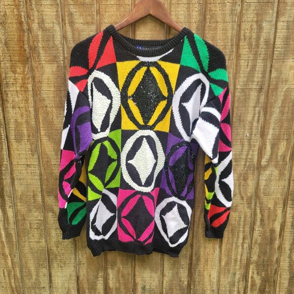 IB Diffusion Vtg '91 Black Neon Color Sequins GeoDesigns Sweater Womens Size S - Picture 1 of 8